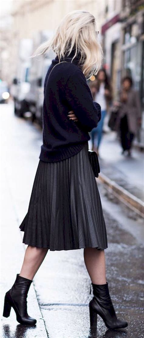 pleated midi skirt with boots.